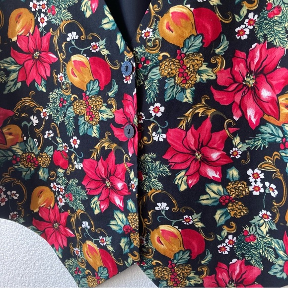 Vintage Boho Vest Novelty Christmas Holiday Floral Medium Black Red Cottagecore - Picture 6 of 16